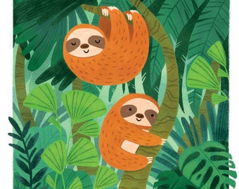 Sloth Forest Print, 8by10, 8.5 by 11, wall art, illustration, kids room, nursery artwork, animals artwork, jungle