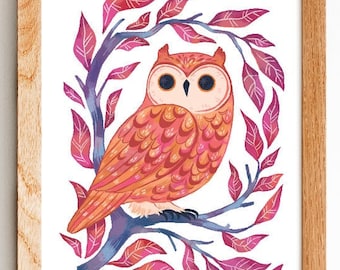 Owl woodland illustrated Print: 8.5 by 11, 8 by 10, Bird, room decor, wall art, animal art, illustration, kids room,