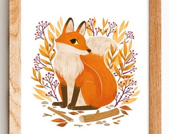 Fox woodland illustrated Print: 8.5 by 11, 8 by 10, room decor, wall art, animal art, illustration, kids room, simple art, boho art,