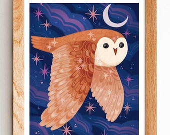 Starry Night Owl illustrated Print: 8.5 by 11, 8 by 10, Bird, room decor, wall art, animal art, illustration, kids room,