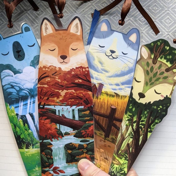 Nature Spirit Bookmark Set: Illustrated bookmarks,  unique bookmarks, Deer, Fox, Cat, Bear, reading, bookworm, nature, books, stationery,