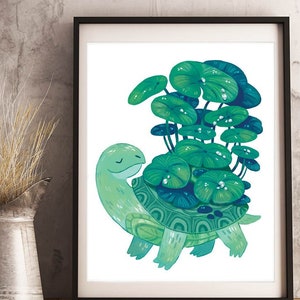 Water Lily pad Plant Turtle Illustration Print 8by10, 8.5 by 11, wall art, illustration, animal art, Home Decor, art prints, house plants