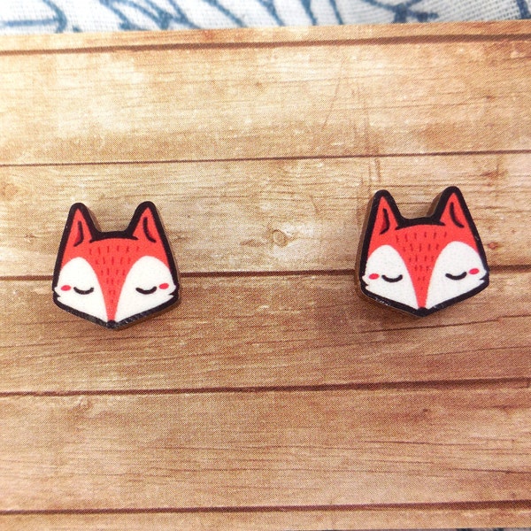 cute fox wooden post stud earrings, earrings studs, wood earrings, fox, cute kawaii, anime, manga