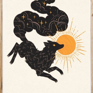 Black Wolf Eclipse, Illustrated artwork, wall art, wolf artwork, illustration, decor, art print, animal, celestial, sky,