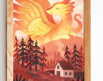 Sunset Sky Dragon Art Print, Illustrated art, dragon art, cabin art, kids room art, art print, magical art, fantasy, mythical, celestial