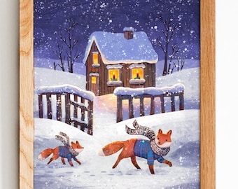 Cozy Cabin In the snow, Fox illustrated Print: 8.5 by 11, 8 by 10, room decor, wall art, animal in scarves art, illustration, cottage core,