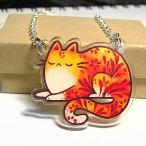Orange Cat necklace pendant, Acrylic jewelry, animal charm, cat charm