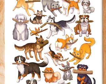Dogs With Sticks Illustration Print 8by10, 8.5 by 11, wall art, illustration, dog breeds, dog art, Home Decor, dog artwork, art prints, dogs