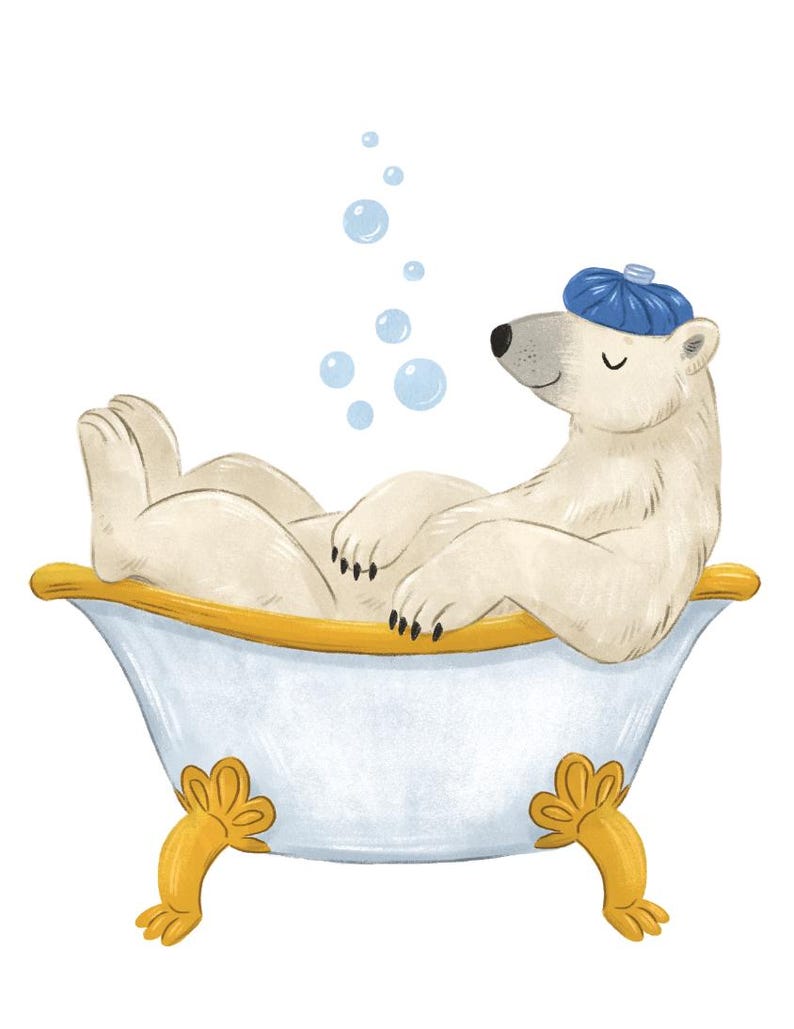 Animals in Bathtubs Art Print Set Whale, Walrus and Polar Bear