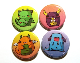 Little Monsters Button Pack: monsters, cute, kawaii, gift, party favor, pins, pinned-back button, accessories, patches