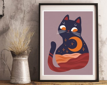 Boho Chic Moon Cat Art Print Set, Illustration Print, wall art, sun and moon, Home Decor, Cat artwork, art prints, simple art, Mysticism,