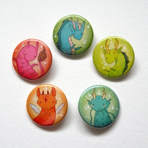 Colourful Dragon pinned- back button pack: kawaii, gift, party favor, pins, pinned-back button, accessories, patches