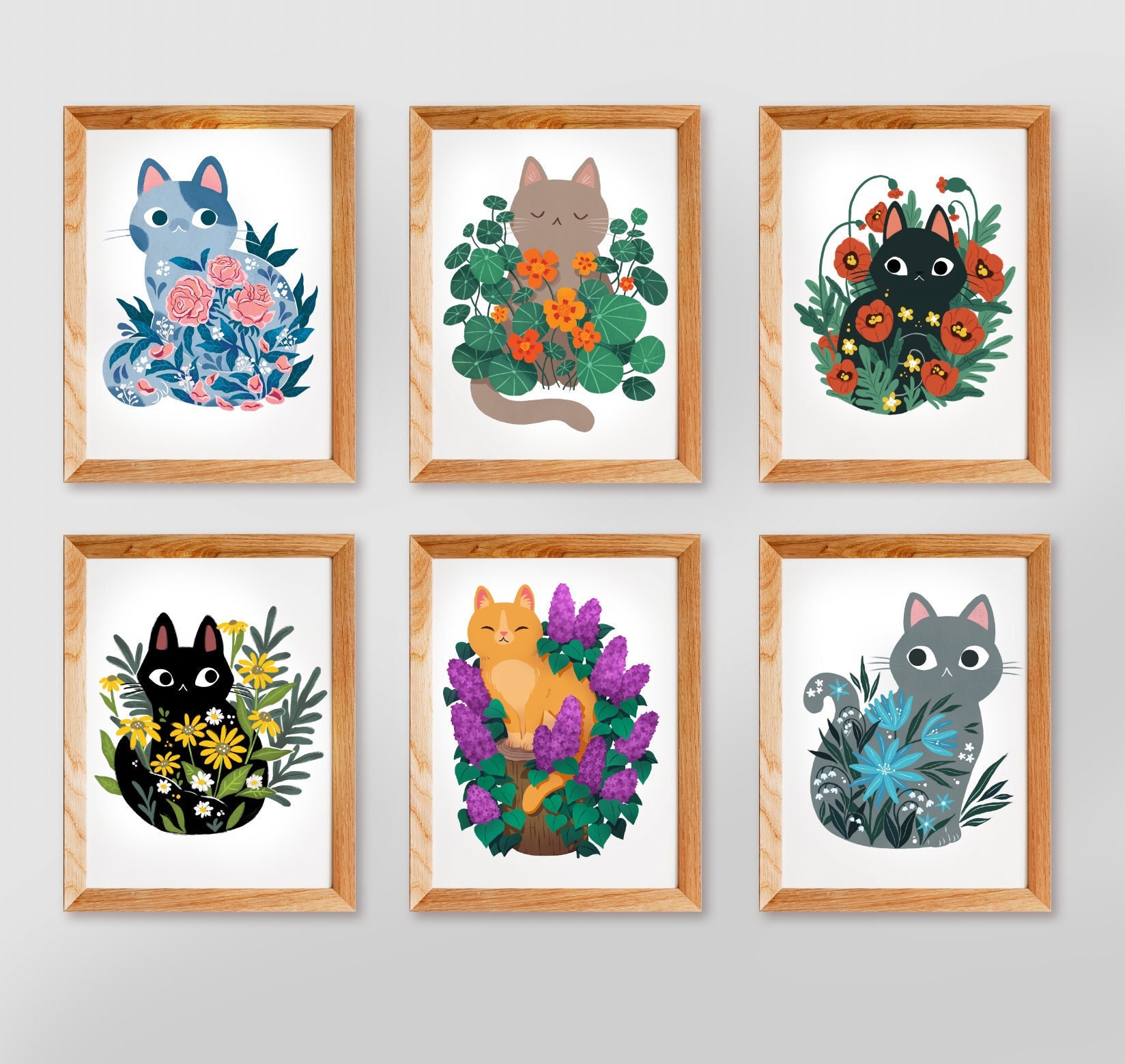 Cats in Flowers Print Set, 8.5 by 11 Print, 8 by 10 print, art print, home decor, cat artwork, designer prints, graphic prints, boho prints