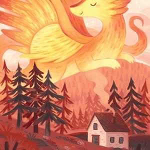 Sun and Moon Dragon Art Print Set: Illustrated art, dragon art, cabin art, kids room art, art print, magical art, fantasy, mythical, night image 3