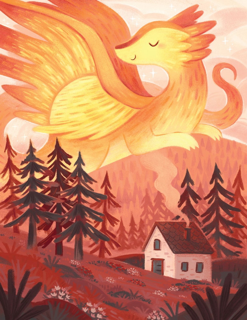 Sun and Moon Dragon Art Print Set: Illustrated art, dragon art, cabin art, kids room art, art print, magical art, fantasy, mythical, night image 3