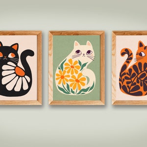 Boho Cats Art Print Set, Illustration Prints, wall art, illustration, cat art, Home Decor, Cat artwork, art prints, house plants, simple art image 1