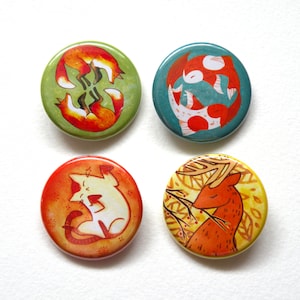 Water Color Animal pinned-back button pack : foxes, fish, cat, deer, gift, party favor, pins, pinned-back button, accessories, patches