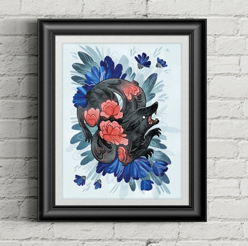 Lotus Wolf illustration print: 8 by 10, 8.5 by 11 illustrated art print, illustrated art, animal, decor, wall art, flowers, pink, blue image 3