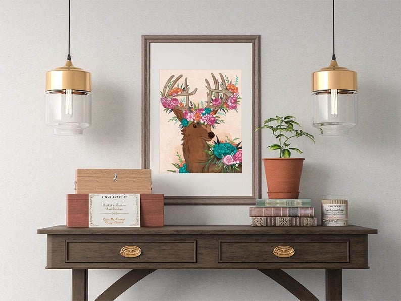 Floral Deer illustration print 8 by 10, fine art, illustrated art, floral print, art print, illustrated print, 8by10 print, 8.5by11 print image 3