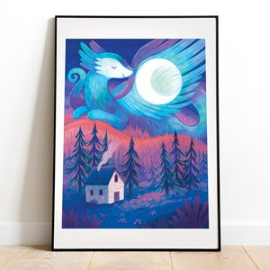 Sun and Moon Dragon Art Print Set: Illustrated art, dragon art, cabin art, kids room art, art print, magical art, fantasy, mythical, night image 4