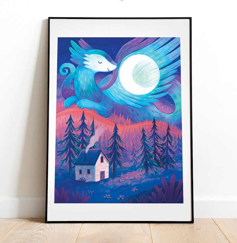 Sun and Moon Dragon Art Print Set: Illustrated art, dragon art, cabin art, kids room art, art print, magical art, fantasy, mythical, night image 4