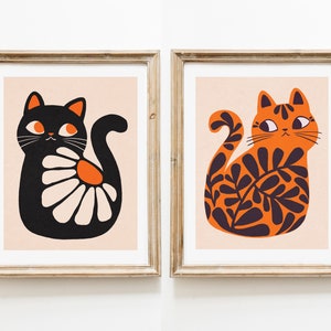Boho Cats Art Print Set, Illustration Prints, wall art, illustration, cat art, Home Decor, Cat artwork, art prints, house plants, simple art image 5