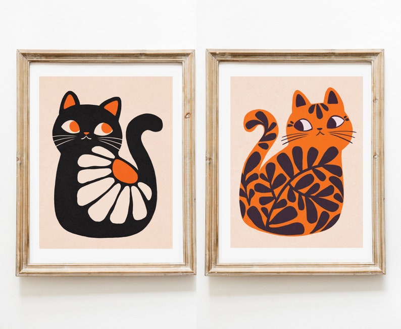 Boho Cats Art Print Set, Illustration Prints, wall art, illustration, cat art, Home Decor, Cat artwork, art prints, house plants, simple art image 5