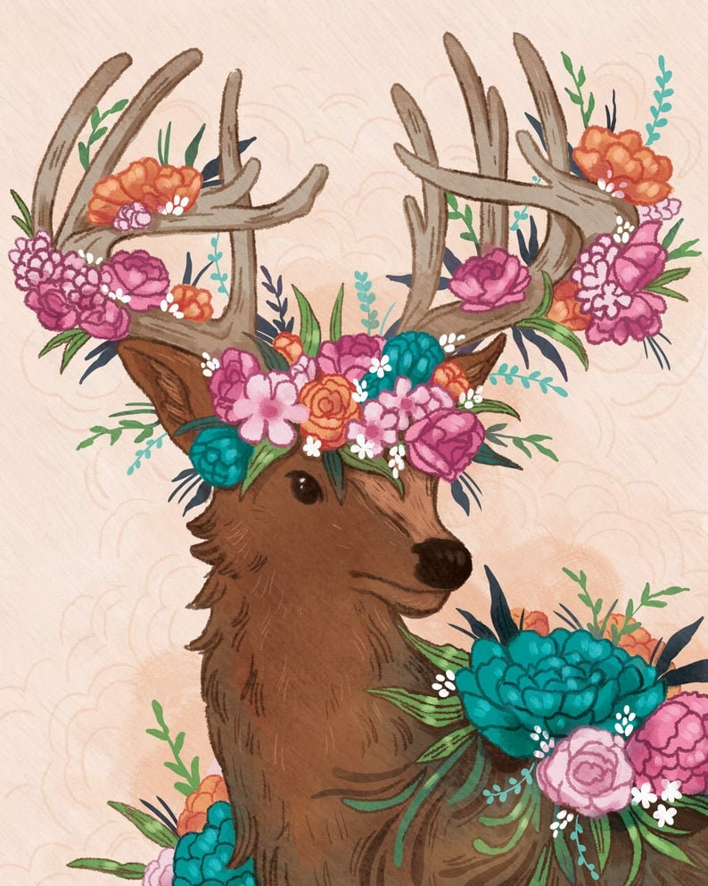 Floral Deer illustration print 8 by 10, fine art, illustrated art, floral print, art print, illustrated print, 8by10 print, 8.5by11 print image 1