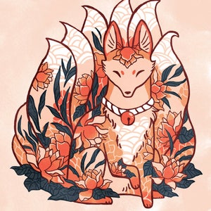 Fox kitsune spirit print, nine-tails  8 by 10, 8.5 by 11 art print, illustration, watercolor, flower art, animal art, simple prints, graphic