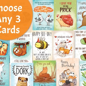 Pack de 3 cartes : lot de cartes, cartes d'animaux, cartes rigolotes, cartes de voeux, jolies cartes, carte d'anniversaire, cartes illustrées, cartes d'amis,