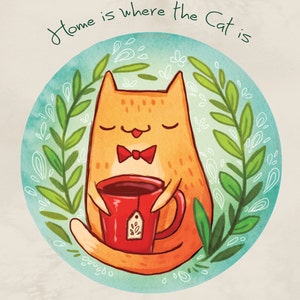 Katze mit Tee Print 25 x 24 cm, Wandbild, Kinderzimmer Print, Küche, Kinderzimmer