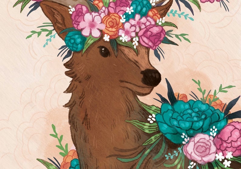 Floral Deer illustration print 8 by 10, fine art, illustrated art, floral print, art print, illustrated print, 8by10 print, 8.5by11 print image 4