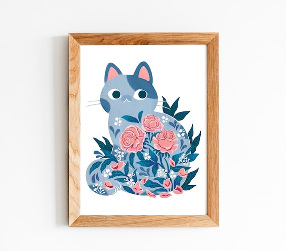 バラの花の中の灰色の猫のイラストプリント、8×10、8.5×11、壁