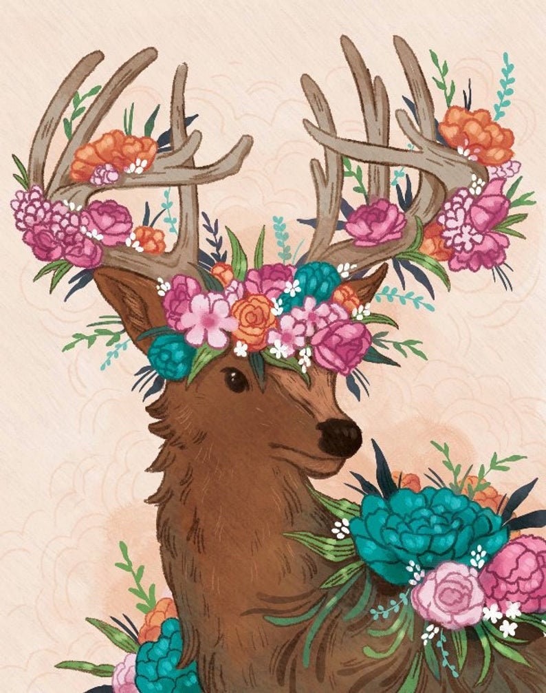 Floral Deer illustration print 8 by 10, fine art, illustrated art, floral print, art print, illustrated print, 8by10 print, 8.5by11 print image 6