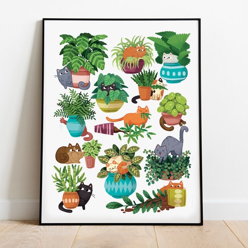Cats In Planters Illustration Print 8by10, 8.5 by 11, wall art, illustration, cat art, Home Decor, Cat artwork, art prints, house plants