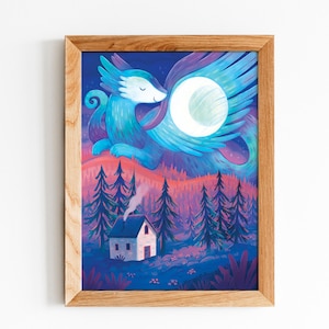 Sun and Moon Dragon Art Print Set: Illustrated art, dragon art, cabin art, kids room art, art print, magical art, fantasy, mythical, night image 5