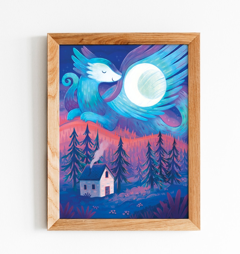 Sun and Moon Dragon Art Print Set: Illustrated art, dragon art, cabin art, kids room art, art print, magical art, fantasy, mythical, night image 5