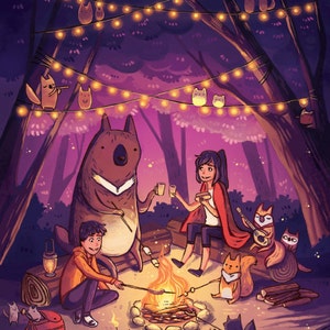 impression de feu de camp, oeuvre d'art de 11 x 8,5, impression d'art, illustration, chambre d'enfant, chambre de bébé, affiche fantastique, mignon, chambre de filles, chambre de garçons
