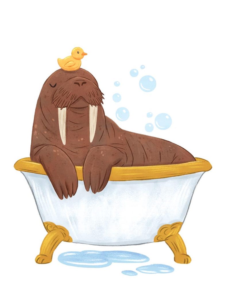 Animals in Bathtubs Art Print Set Whale, Walrus and Polar Bear