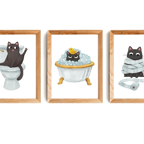 Ensemble d'impression d'art chat de salle de bain, 8,5 x 11, art mural, illustration, art drôle, art de chat, décoration d'intérieur, oeuvre d'art de chat, impressions d'art, impression d'art bohème