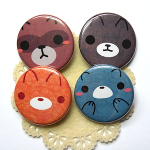 Faces of the Forest Animal Button Pack: Fox, Bear, Raccoon, Wolf, kawaii, gift, party favor, pins, pinned-back button, accessories, patches