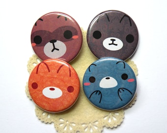 Faces of the Forest Animal Button Pack: Fox, Bear, Raccoon, Wolf, kawaii, gift, party favor, pins, pinned-back button, accessories, patches