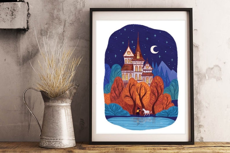 Witch's castle art print, fantastical illustration, magic, unicorn, kids room, art print, art print, 8.5 by 11, fine art, illustrated art image 1
