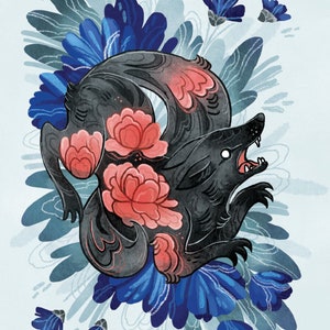 Lotus Wolf illustration print: 8 by 10, 8.5 by 11 illustrated art print, illustrated art, animal, decor, wall art, flowers, pink, blue image 1