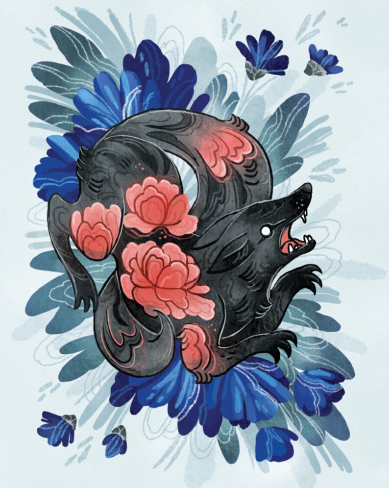 Lotus Wolf illustration print: 8 by 10, 8.5 by 11 illustrated art print, illustrated art, animal, decor, wall art, flowers, pink, blue image 1