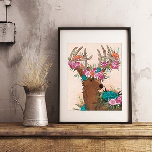 Floral Deer illustration print 8 by 10, fine art, illustrated art, floral print, art print, illustrated print, 8by10 print, 8.5by11 print image 2