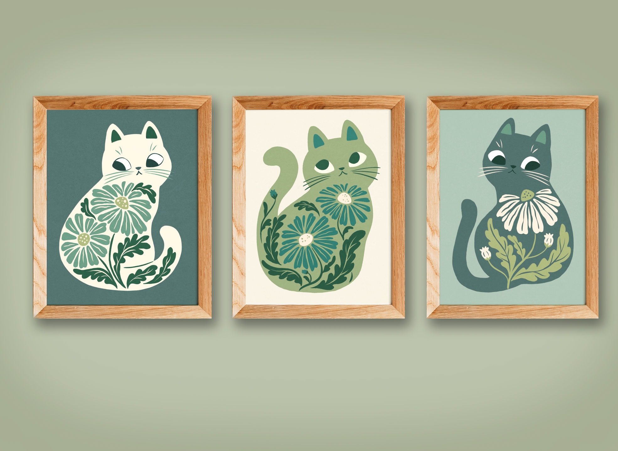 Green Blue Boho Cat Botanical wall decor, green art, cat wall art, boho wall art, cat art, Home Decor, art prints, plants, mid century art