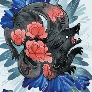 Lotus Wolf illustration print: 8 by 10, 8.5 by 11 illustrated art print, illustrated art, animal, decor, wall art, flowers, pink, blue image 2