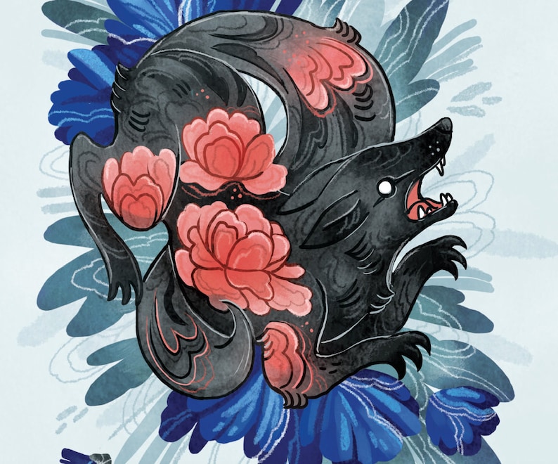 Lotus Wolf illustration print: 8 by 10, 8.5 by 11 illustrated art print, illustrated art, animal, decor, wall art, flowers, pink, blue image 2