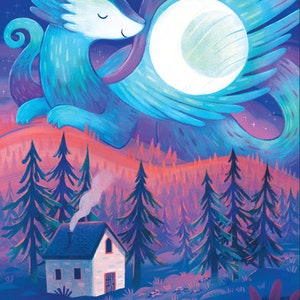 Sun and Moon Dragon Art Print Set: Illustrated art, dragon art, cabin art, kids room art, art print, magical art, fantasy, mythical, night image 2